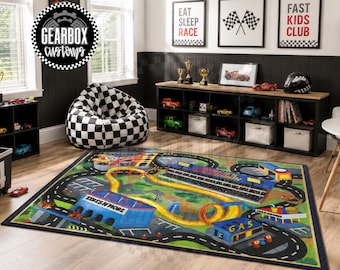 Personalized Race Track Rug 4x6', Race Car Play Mat, Dirt Bike Track Mat, Racing Mom, Checkered Bedroom, Drag Racing, Wheels, Toy Cars