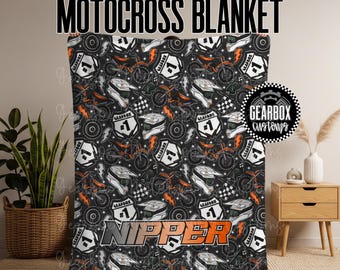 Personalized KTM Orange Dirt Bike Motocross Blanket, Motocross Racing Blanket, Dirt Bike Decor, Boys Bedroom, Racing Blanket
