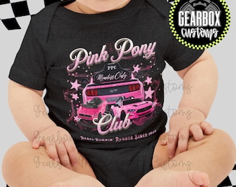 Baby Pink Pony Club Bodysuit, Romper, Mustang, Walker, Members Only, Race Car Shirt, Race Weekend, American Muscle, Racing Shirt, Crawler