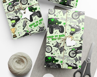 Groen Kawi Dirt Bike Quad Motocross Racing Inpakpapier, Cadeaupapier, Verjaardag, Custom Racing Inpakpapier | Vakantieprint met geblokte vlag
