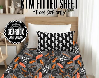 Orange Dirt Bike Fitted Sheet, Twin or Crib Sheet, Dirt Bike Bedding, Motocross Sheets, Moto Bedding, Dirt Bike Room Decor