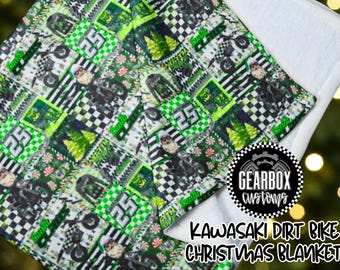 Personalized Green Dirt Bike Motocross Blanket, Kawisexy, Christmas Santa Blanket, Moto Kid, Dirt Track, Racing Blanket, Motocross Fleece