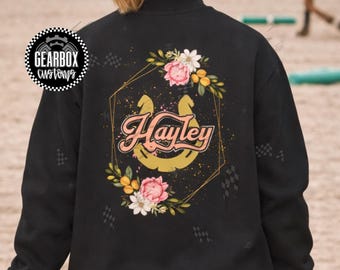 Custom Kids Equestrian Sweatshirt, Horseback Riding Shirt, Western, English, Floral Name Script Crewneck Sweatshirt | Personalized