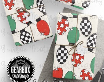 Papel de regalo con adornos a cuadros, papel de regalo, motocross, decoración navideña de carreras, Papá Noel motocross, mamá motera, papel de regalo personalizado