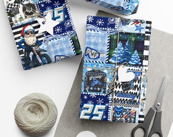 Blauw inpakpapier motorcrosskerst race | Cadeaupapier, geblokte vlag, vakantieprint, Moto Santa