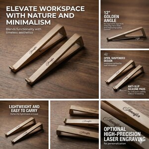 May include: Two wooden laptop stands with the name "Jennifer" engraved. The stands have a 12-degree angle and anti-slip silicone pads. The text says "Elevate Workspace with Nature and Minimalism".