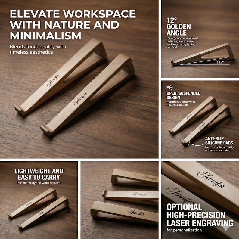 May include: Two wooden laptop stands with the name "Jennifer" engraved. The stands have a 12-degree angle and anti-slip silicone pads. The text says "Elevate Workspace with Nature and Minimalism".