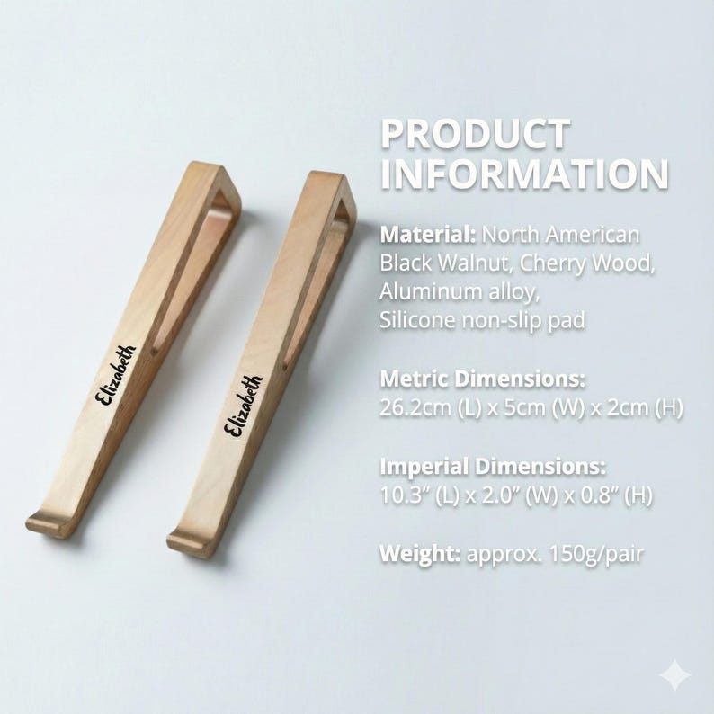 May include: Two wooden laptop stands with the name "Elizabeth" printed on them. The stands are made of North American Black Walnut and Cherry Wood. Each stand measures 10.3 inches long, 2.0 inches wide, and 0.8 inches high.