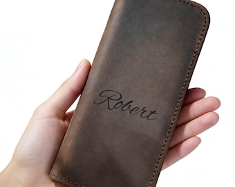 Customized Handmade Crazy Horse Leather Pen Case, Personalized Full Grain Leather Zippered Pen Holder with 3-Slot, Travel Fountain Pen Case