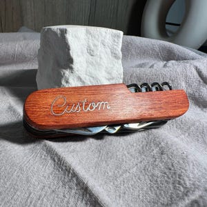 Personalized Wooden Multi-tool Pocket Knife Handmade Carved Inlaid with Silver Wine Opener Best Men Gifts, Home Essentials Groomsman Gift