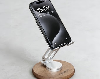 Personalized Black Walnut Phone Stand, 360 Rotating Phone Holder, Custom Wood Desk Accessory, Engraved Office Gift for Him