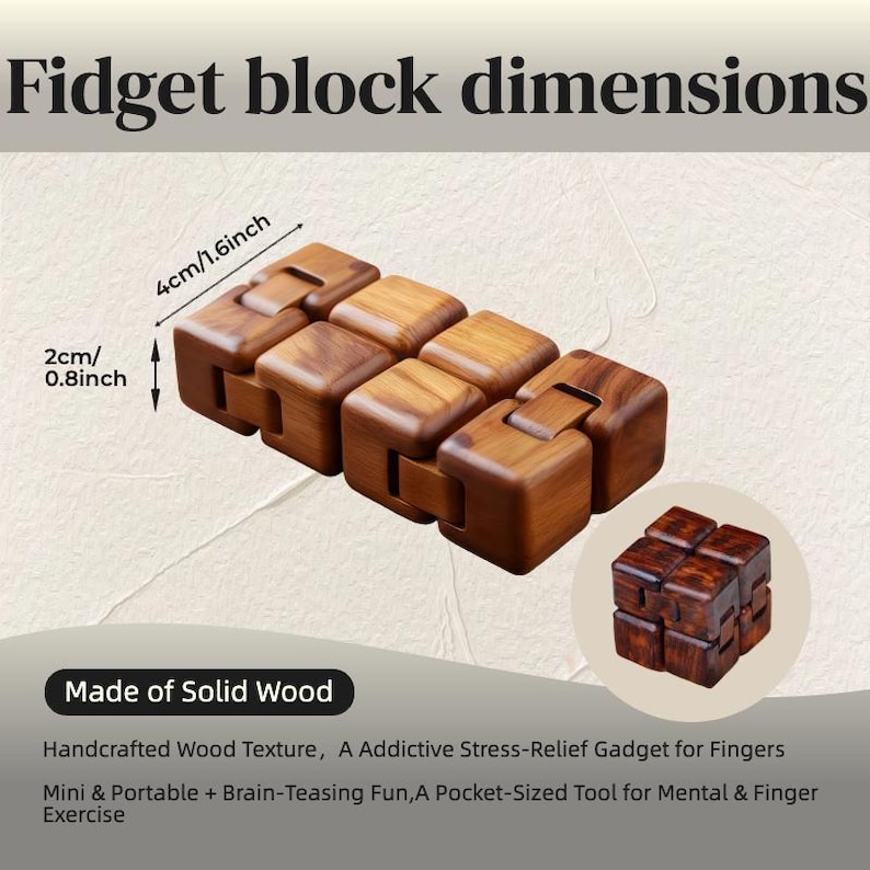 Puede incluir: Un bloque fidget de madera de 4 cm de largo y 2 cm de alto. El texto de la imagen dice "Fidget block dimensions" y "Made of Solid Wood". Se describe como un dispositivo para aliviar el estr&eacute;s.
