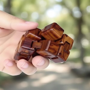 Puede incluir: Un cubo de rompecabezas de madera con un dise&ntilde;o entrelazado complejo. El cubo est&aacute; hecho de madera marr&oacute;n oscura con patrones de vetas visibles. El rompecabezas se sostiene en una mano contra un fondo verde borroso.