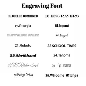 May include: A white background displays a variety of engraving fonts. The text "Engraving Font" is at the top. Font examples include "COLLGE COMBINED", "ENGRAVERS", "Georgia", "Impact", "PITTSBROOK OUTLINE", "Kaisyah", "Roboto", "SCHOOL TIMES", "Shrikhand", "Tahoma", "UT Nikahan Script", "VALENTINE", "Vintage Moon", and "Welcome Witches".