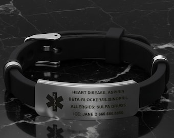 Personalized Medical ID Bracelet Adjustable Emergency Alert Bracelet for Men Women, Custom Engraved Medical Jewelry for Diabetes, Allergies