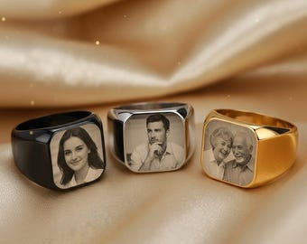 Personalized Photo Ring Custom Engraved Picture Ring, Memorial Jewelry for Keepsake, Unique Gift for Him Her, Signet Ring Photo Engraving