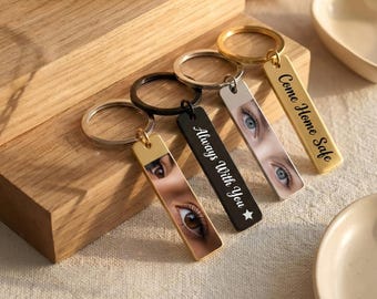 Personalized Eye Photo Keychain Anniversary Gifts Custom Couple Keyring, Eye Picture Keychain with Photo Valentine's Day Gift