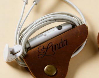 Personalized Handmade Leather Cord Organizer, Custom Cable Keeper Set with Brass Snap, Travel Accessory, Monogrammed Cord Holder Gift