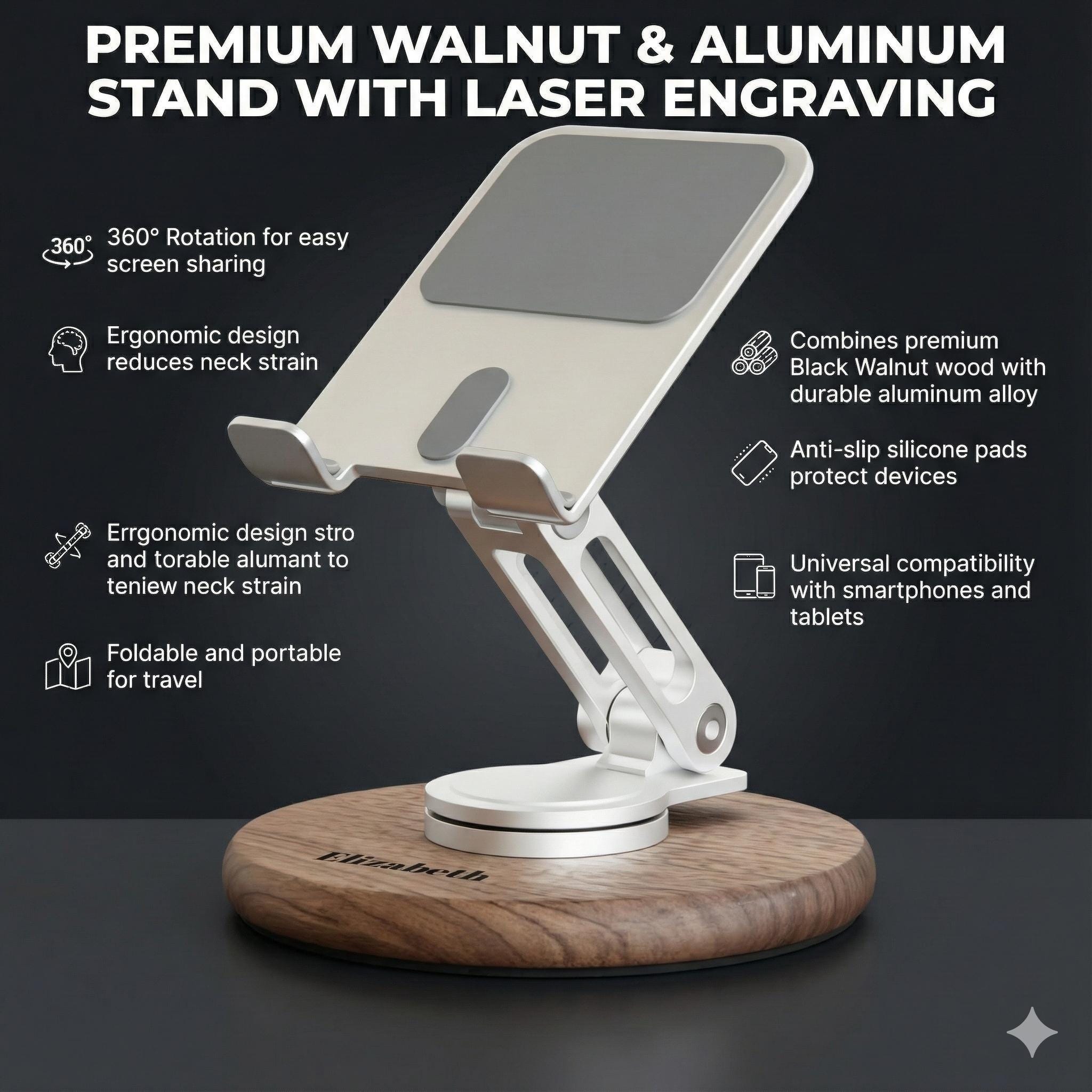 Personalization Stand Personalized Black Walnut Phone Stand, 360 Rotating Phone Holder ...