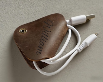 Handmade Personalized Leather Cord Organizer, Custom Cable Keeper Set with Brass Snap, Travel Accessory, Monogrammed Cord Holder Gift