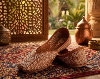 Handcrafted Embroidered Leather Juttis, Ivory Floral Punjabi Flats, Indian Bridal Shoes