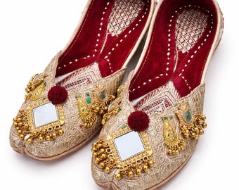 Elegant Punjabi Jutti with Mirror, Silver & Gold Stone Embellishments