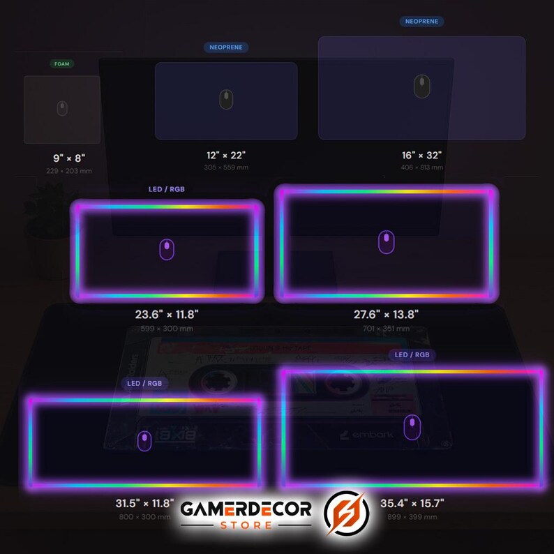 May include: A variety of gaming mouse pads in different sizes and shapes. Some are rectangular with LED/RGB lighting, while others are square or rectangular without lighting. Sizes range from 9" x 8" to 35.4" x 15.7". The pads are black with a mouse icon.