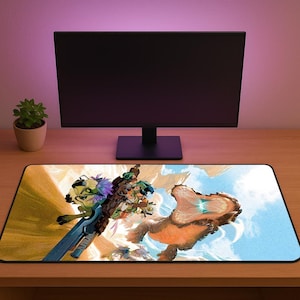 May include: Rectangular mousepad featuring a colorful fantasy art design. The artwork depicts a creature with a large mouth and a group of characters with swords and other weapons. The mousepad is on a wooden desk with a computer monitor and a small potted plant.
