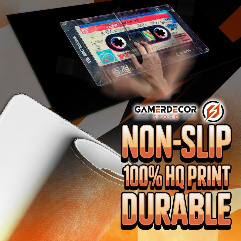 May include: A non-slip mousepad with a retro cassette tape design. The mousepad features the text "NON-SLIP", "100% HQ PRINT", and "DURABLE". The mousepad has a white surface with a black border and an orange and black geometric design.