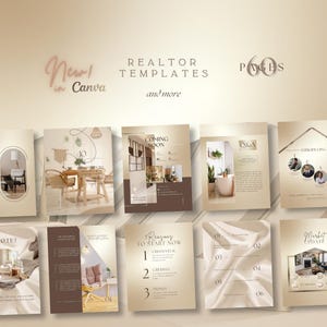 May include: A selection of realtor templates, with the text "New! in Canva" and "REALTOR TEMPLATES and more". The templates feature interior design images and text such as "COMING SOON", "Q&A", and "Market Update". The templates are on a beige background.