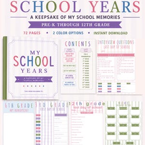 Könnte beinhalten: Ein Schul-Erinnerungsbuch mit dem Titel "My School Years" in Lila, Rosa und Grün. Das Buch enthält Abschnitte für Pre-K bis zur 12. Klasse, mit Seiten für Fotos, Interviews und Handabdrücke. Es ist ein Sofort-Download mit 72 Seiten.