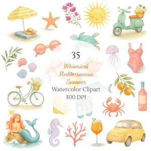 Whimsical Summer Watercolor Clipart – Whimsy Watercolor Coastal Set - Mediterranean Summer Watercolor Icons - La Dolce Vita Illustrations