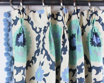 Quadrille Suzani Blues on Tint Custom Drapes with Samuel & Sons Pom Pom Trim