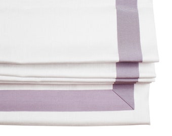 Roman Shades White Linen with Trim on Sides and Bottom (shown in Samuel and Son Grosgrain Ribbon Trim in Lilac)