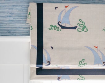 Katie Ridder Roman Shades in Beetlecat (shown in Lavender Blue with Samuel & Sons Navy Trim) Made To Order