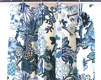 Schumacher Chiang Mai Dragon in Custom Pleated Drapes (shown in China Blue-comes in 12 colors)