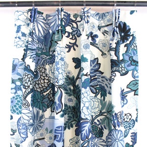 Schumacher Chiang Mai Dragon in Custom Pleated Drapes (shown in China Blue-comes in 12 colors)