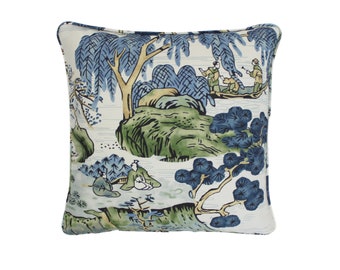 Thibaut Asian Scenic Pillow with or without Self Welting (Both Sides - Made To Order) Shown in Blue/Green
