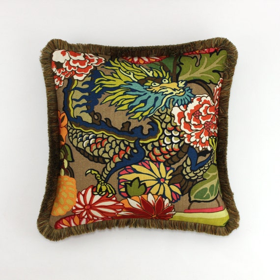 Schumacher Chiang Mai Dragon Pillow in Mocha with Samuel and Sons Venise Brush Fringe