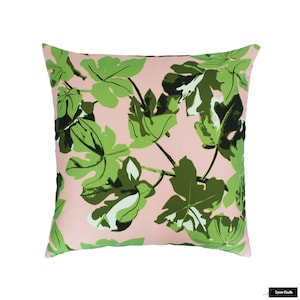 May include: Square decorative pillow with a fig leaf pattern. The pillow features a light pink background with a repeating pattern of green fig leaves in varying shades. The leaves are detailed with dark green veins and stems.