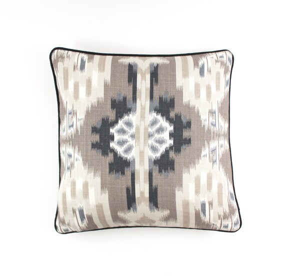 Schumacher Kiribati Ikat Custom Pillows with Welting Shown in Linen - comes in 3 colors
