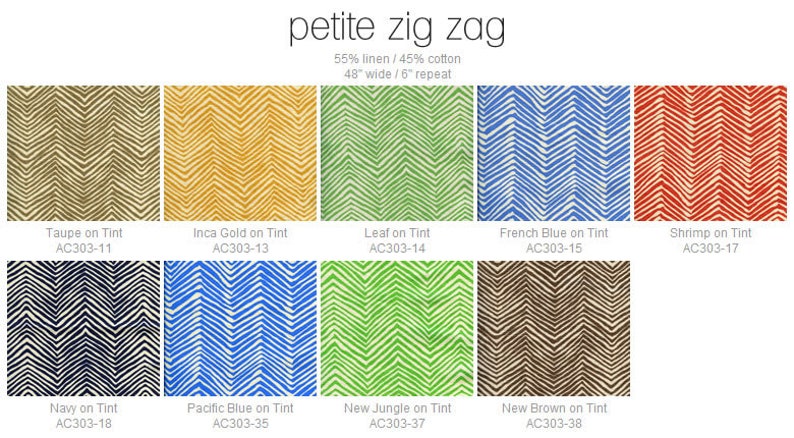 Puede incluir: Un muestrario de tela que muestra 10 colores diferentes de un patr&oacute;n en zigzag. La tela es 55% lino y 45% algod&oacute;n. La tela tiene 122 cm de ancho y un repetido de 15 cm. Los colores incluyen topo, oro, verde, azul, rojo, azul marino, azul claro, verde oscuro, marr&oacute;n y negro.
