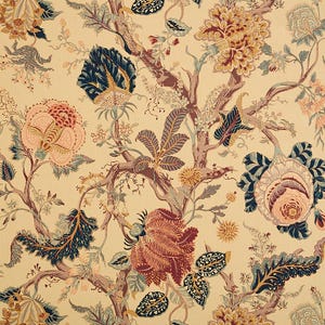 May include: A beige fabric with a repeating pattern of stylized flowers and leaves in shades of pink, red, blue, and green.