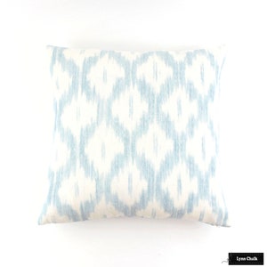Schumacher Santa Monica Ikat Custom Knife Edge Pillow with Center Border Both Sides shown in China Blue image 1