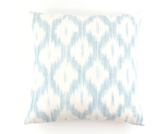 Schumacher Santa Monica Ikat Custom Knife Edge Pillow with Center Border (Both Sides -shown in China Blue)