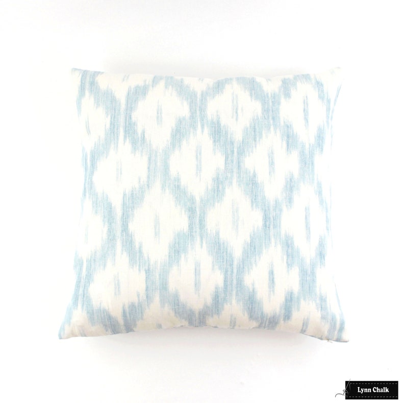 Schumacher Santa Monica Ikat Custom Knife Edge Pillow with Center Border Both Sides shown in China Blue image 1