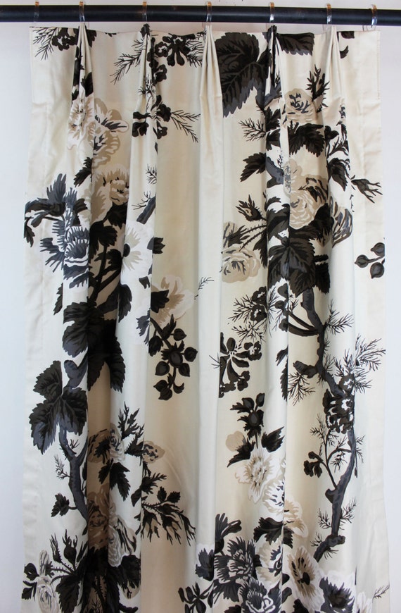 Schumacher Pyne Hollyhock Print In Charcoal Fan Pleated Drapes Etsy
