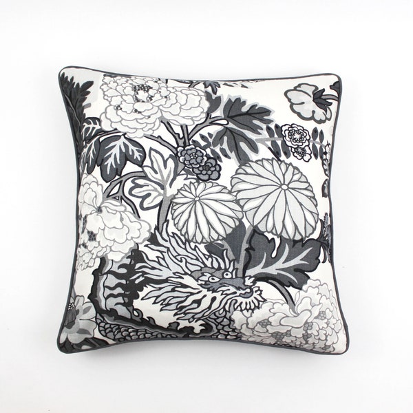Schumacher Chiang Mai Dragon Pillows -Both Sides (Shown in Smoke with Charcoal Grey Welting)