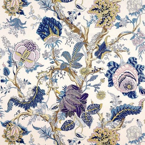 May include: A white background with a repeating pattern of blue, purple, pink, and yellow flowers and leaves. The flowers are stylized and have a vintage look.