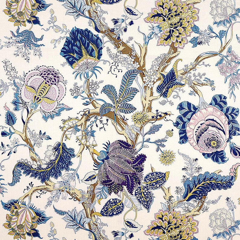 May include: A white background with a repeating pattern of blue, purple, pink, and yellow flowers and leaves. The flowers are stylized and have a vintage look.